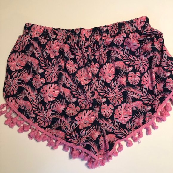 Sz M Simply Southern Turtle PomPom Tassels Lined Navy Blue & Pink Palms Shorts - Picture 8 of 11